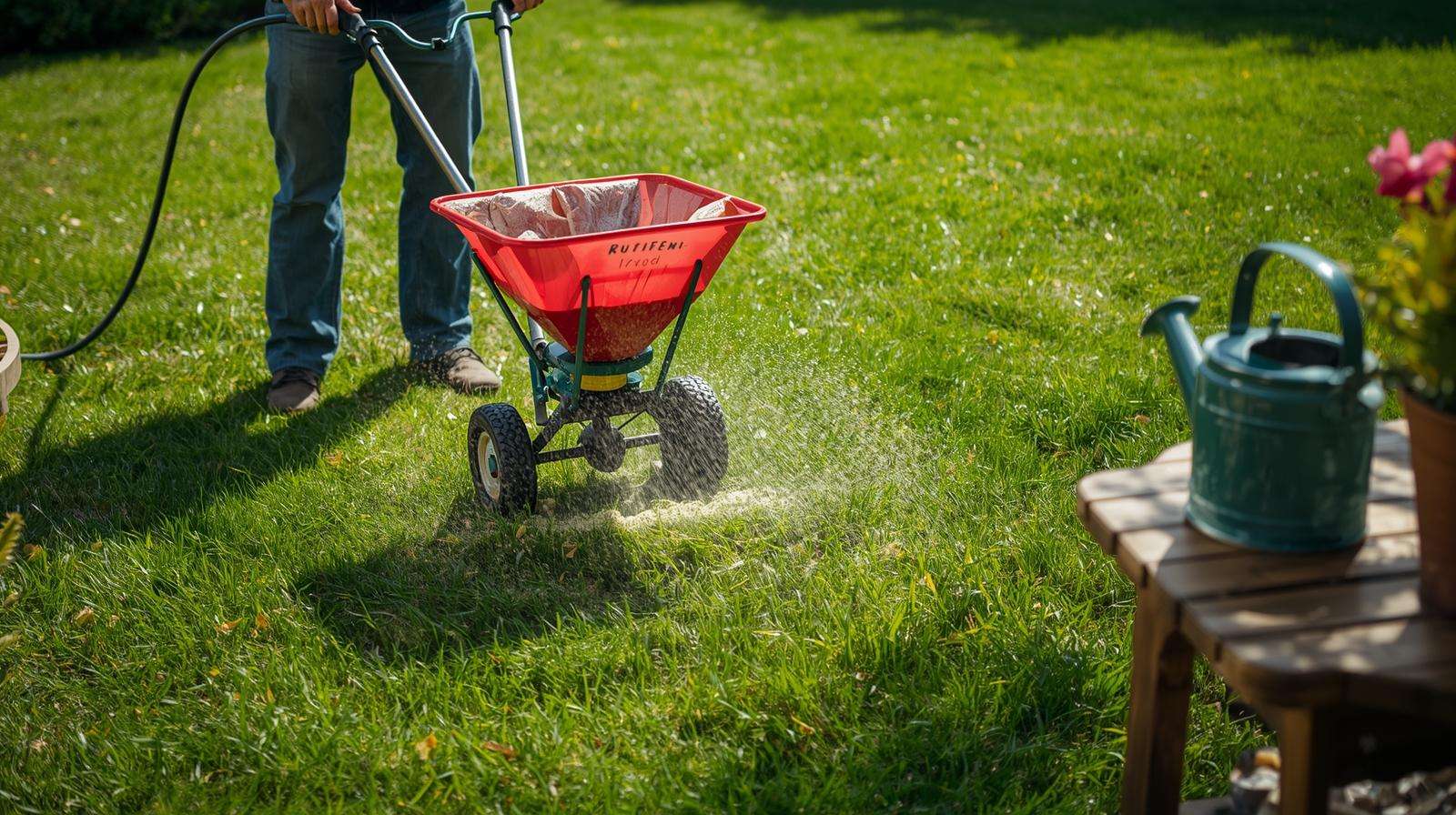 Gardener applying granular fertilizer to a green lawn using a broadcast spreader in a sunny backyard.