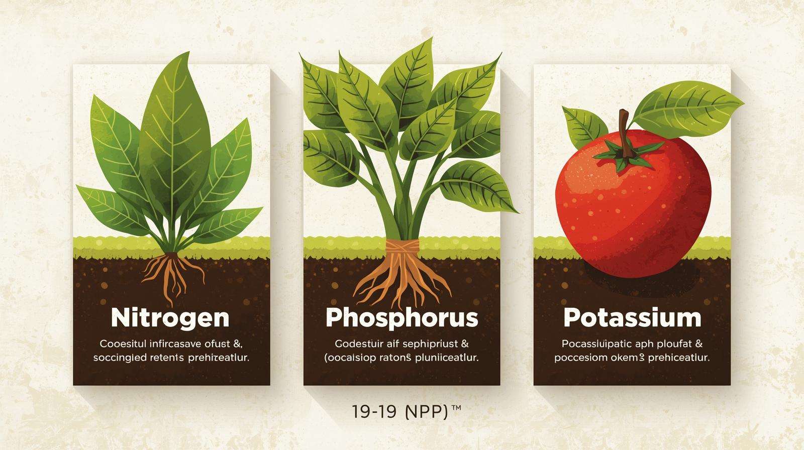 Colorful infographic illustrating nitrogen, phosphorus, and potassium in 19 19 19 fertilizer, showing plant growth elements like leaves, roots, and fruit.