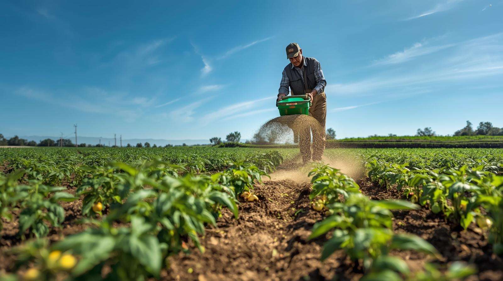 Farmer broadcasting 19 19 19 fertilizer over a vegetable field, showcasing proper application for balanced plant nutrition.