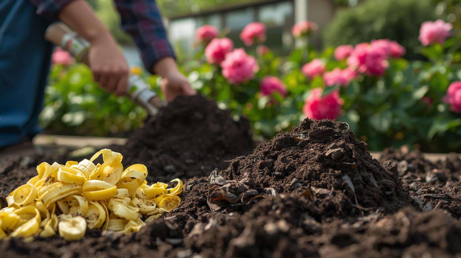 Preparing organic potassium booster with banana peels to complement fertilizer high potassium in gardening.