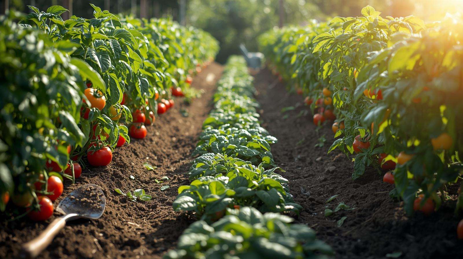 Lush vegetable garden with tomatoes and peppers thriving from using 10-10-10 fertilizer.