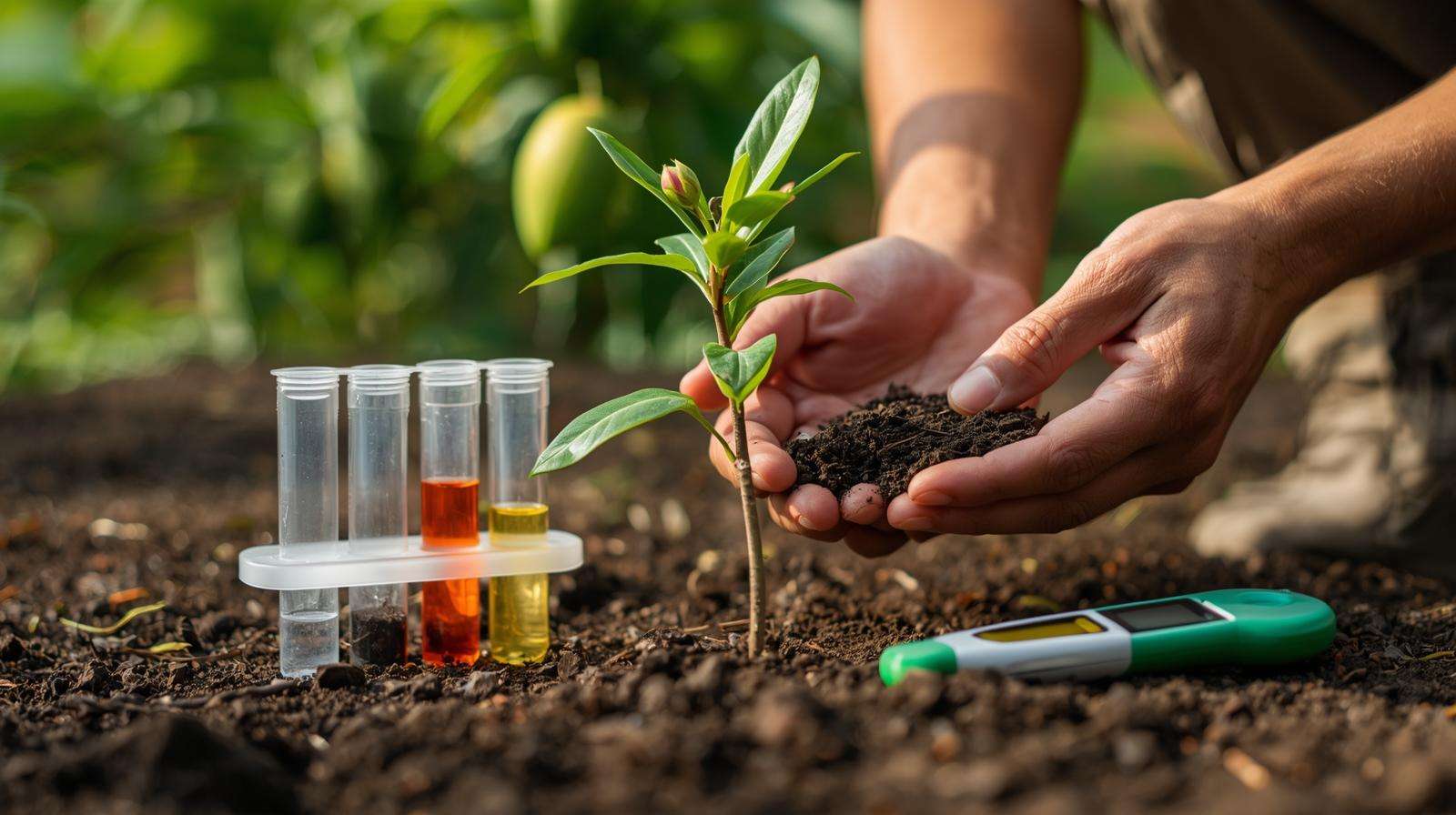 Gardener testing soil near a mango tree to guide mango fertilization for optimal growth