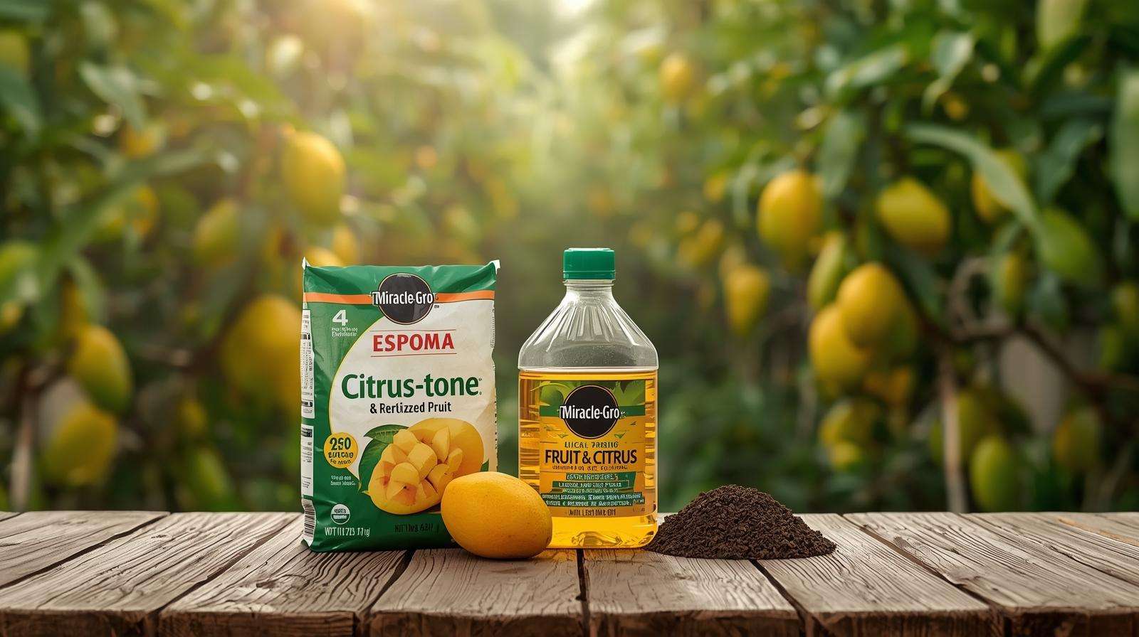 Display of mango fertilization products on a table for growing juicy, abundant mangoes.