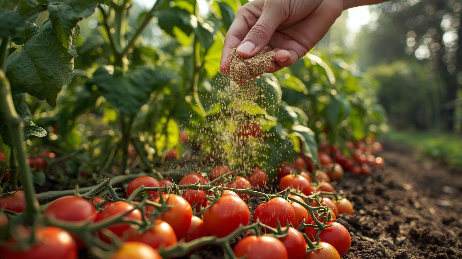 Gardener applying fertilizer high potassium to tomato plants for strong growth and fruit yield.