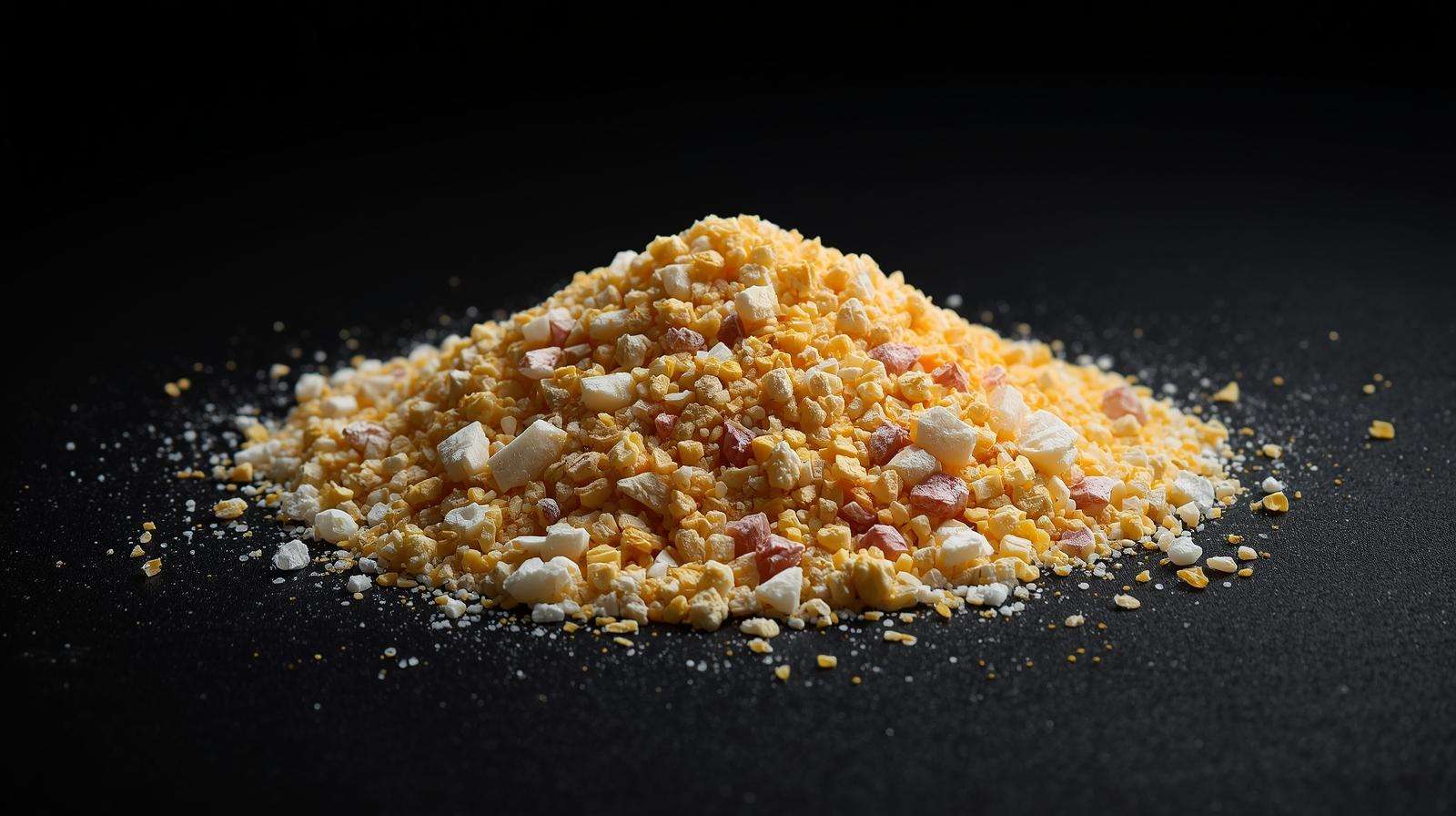 Close-up granules of 5-10-5 fertilizer showing N, P, K components