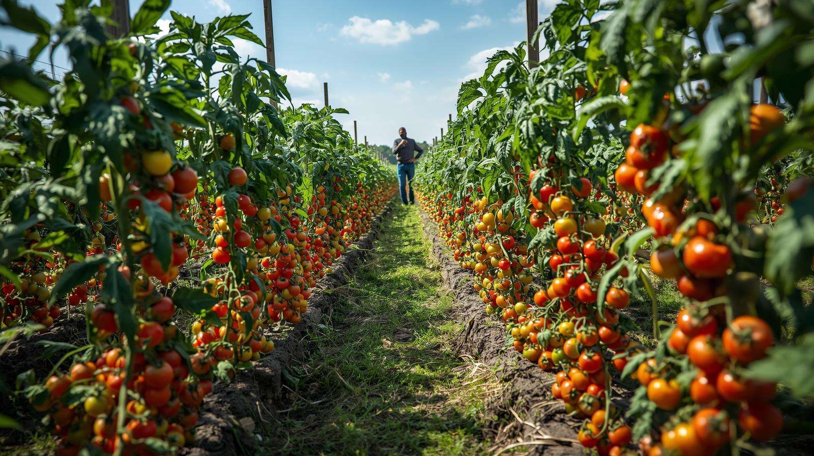Farmer inspecting a bountiful tomato harvest in a field, demonstrating the success of 19 19 19 fertilizer use.
