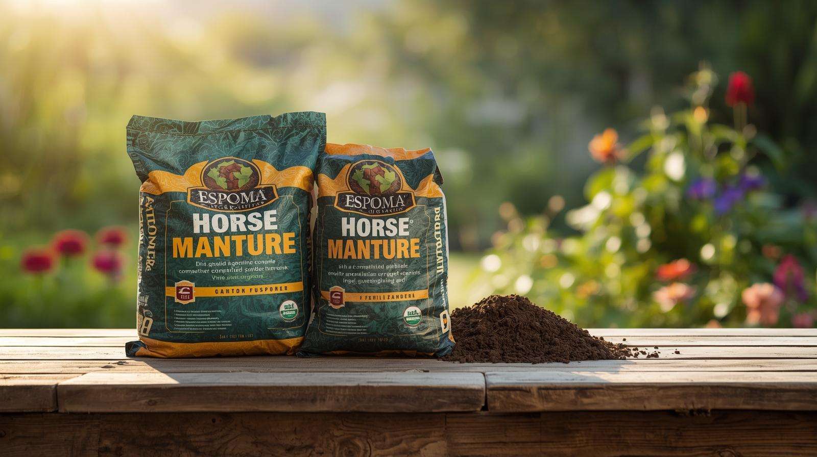 Display of bagged fork manure products on a garden table for healthy, thriving plants.