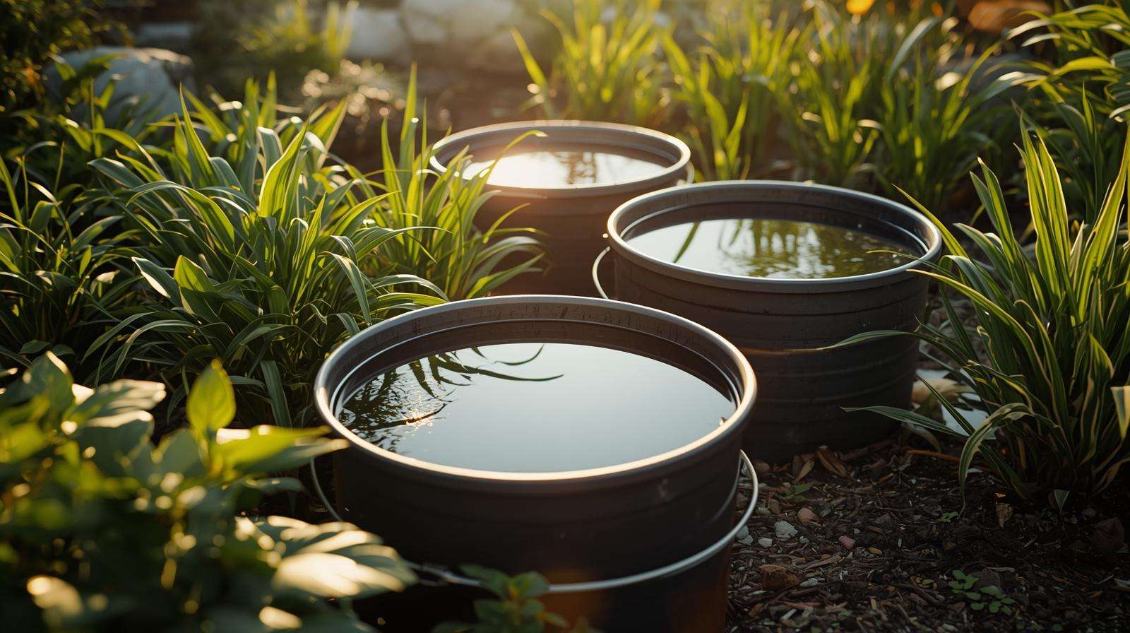 Sunlit garden water barrels storing water to reach ambient temperature before watering plants.