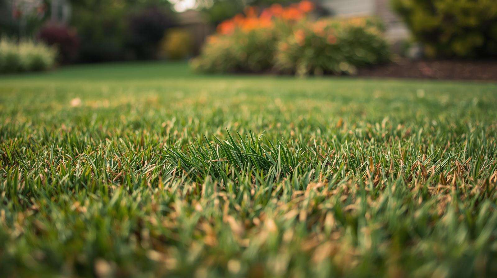 Patchy lawn with yellowing grass due to nutrient deficiency, contrasted with lush green turf in a suburban backyard.