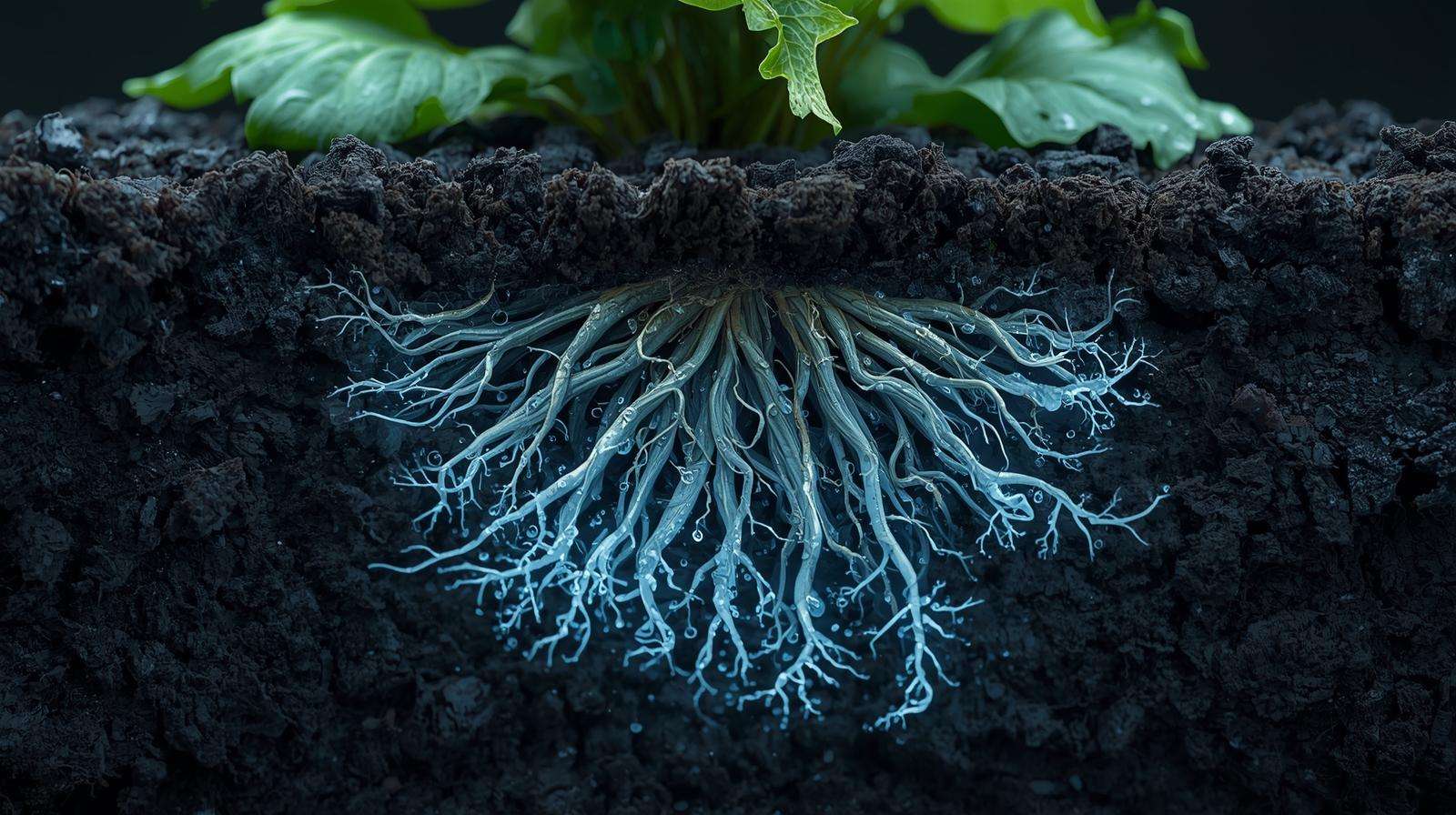 Close-up of plant roots showing effects of cold water shock and root temperature stress.