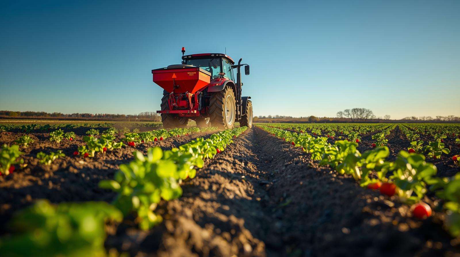 Tractor applying Fertilizer 12 in a field with young lettuce and tomato plants