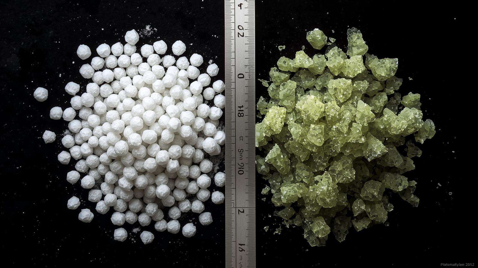 Prilled vs granular 46-0-0 fertilizer urea forms with size comparison
