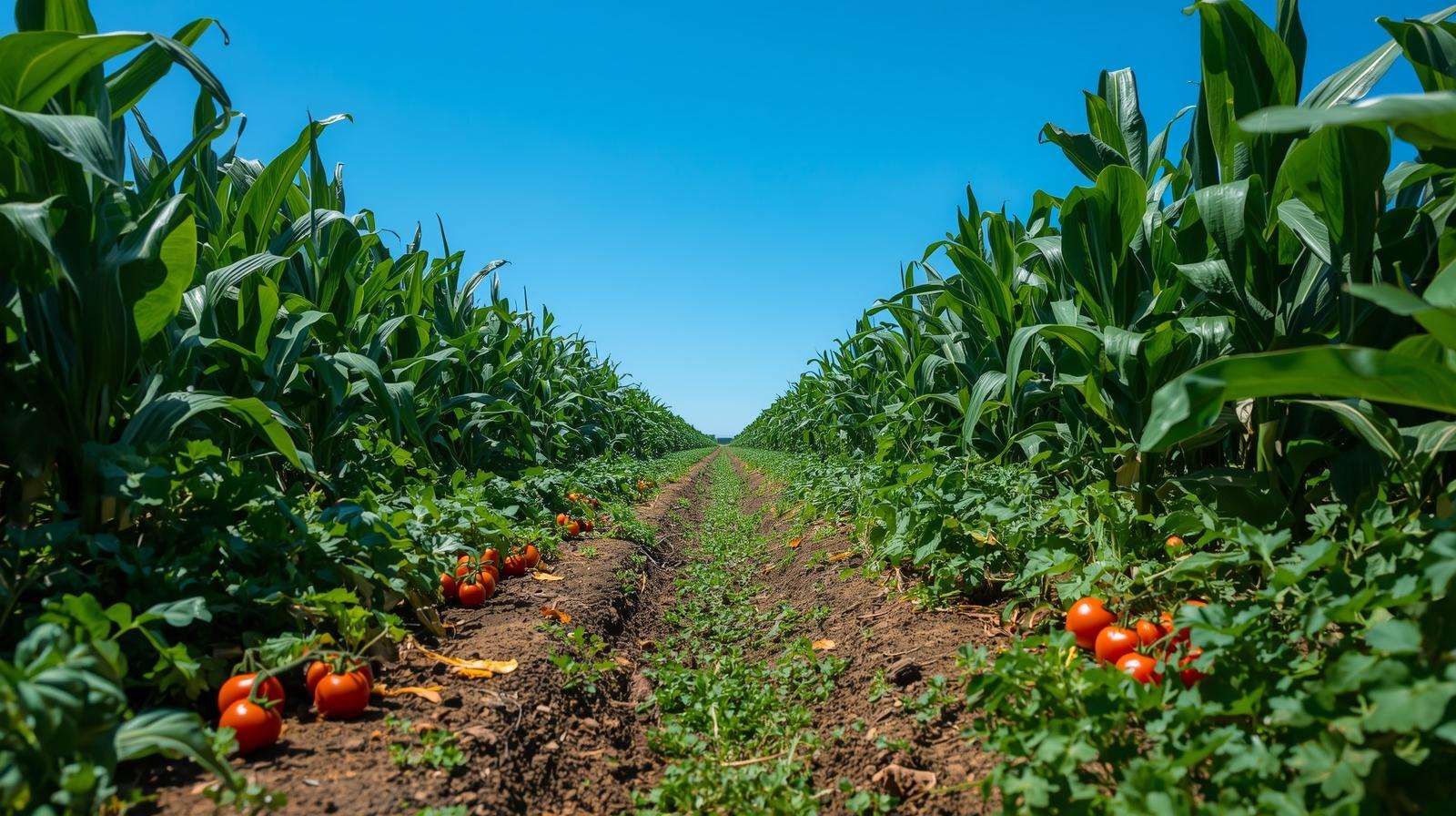 Lush field of healthy tomatoes and corn thriving with 15 15 15 fertilizer, showcasing vibrant green leaves and ripe fruits.