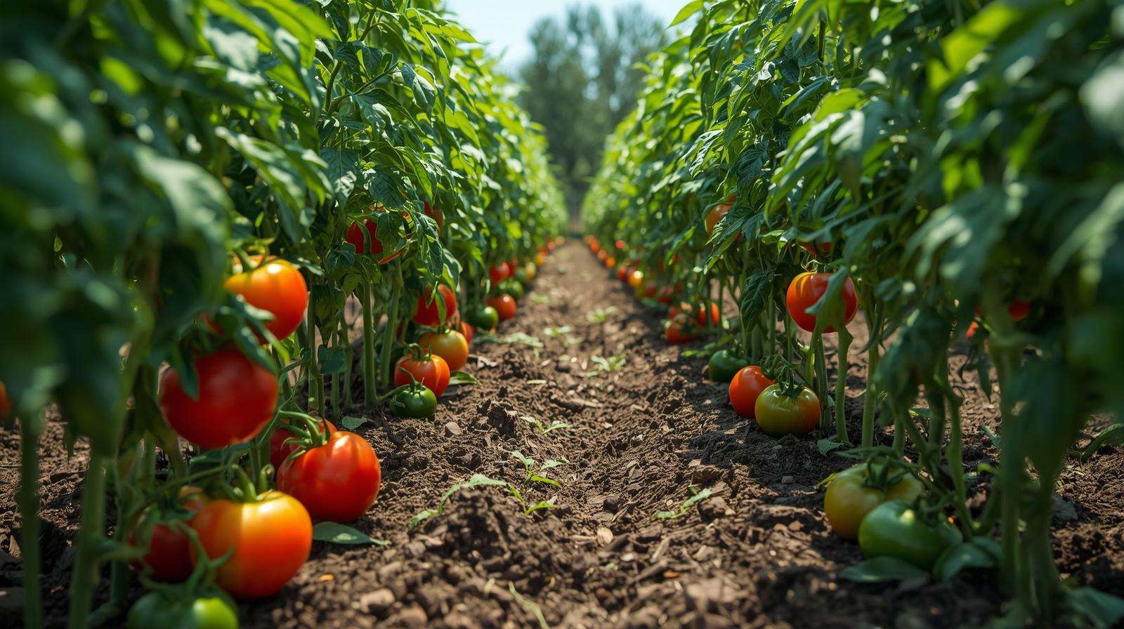 Thriving tomato and pepper plants in a garden using 12-12-12 fertilizer for optimal growth.
