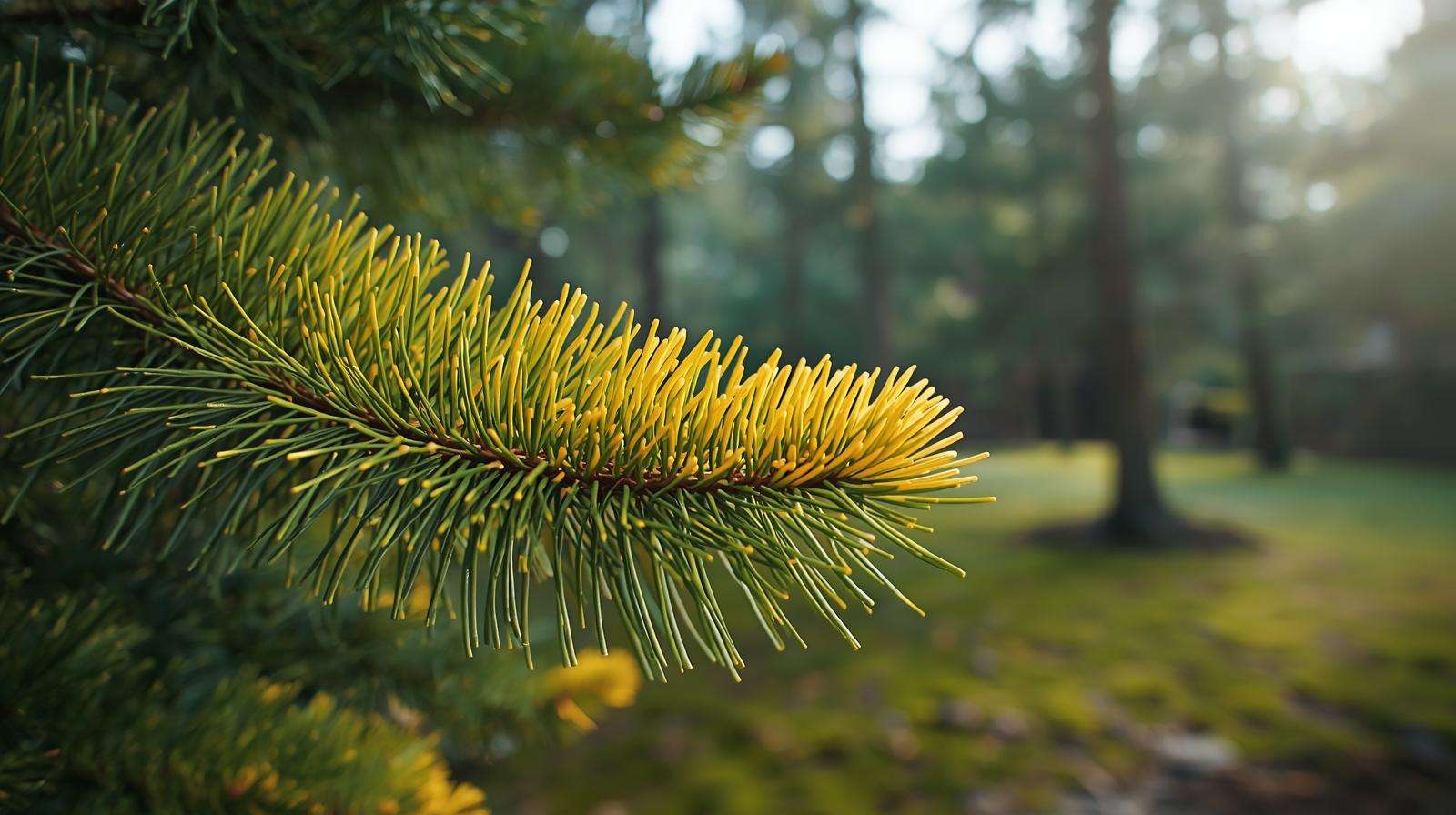 Pine tree branch with yellowing needles due to chlorosis, highlighting nutrient deficiency in a forest-like garden.