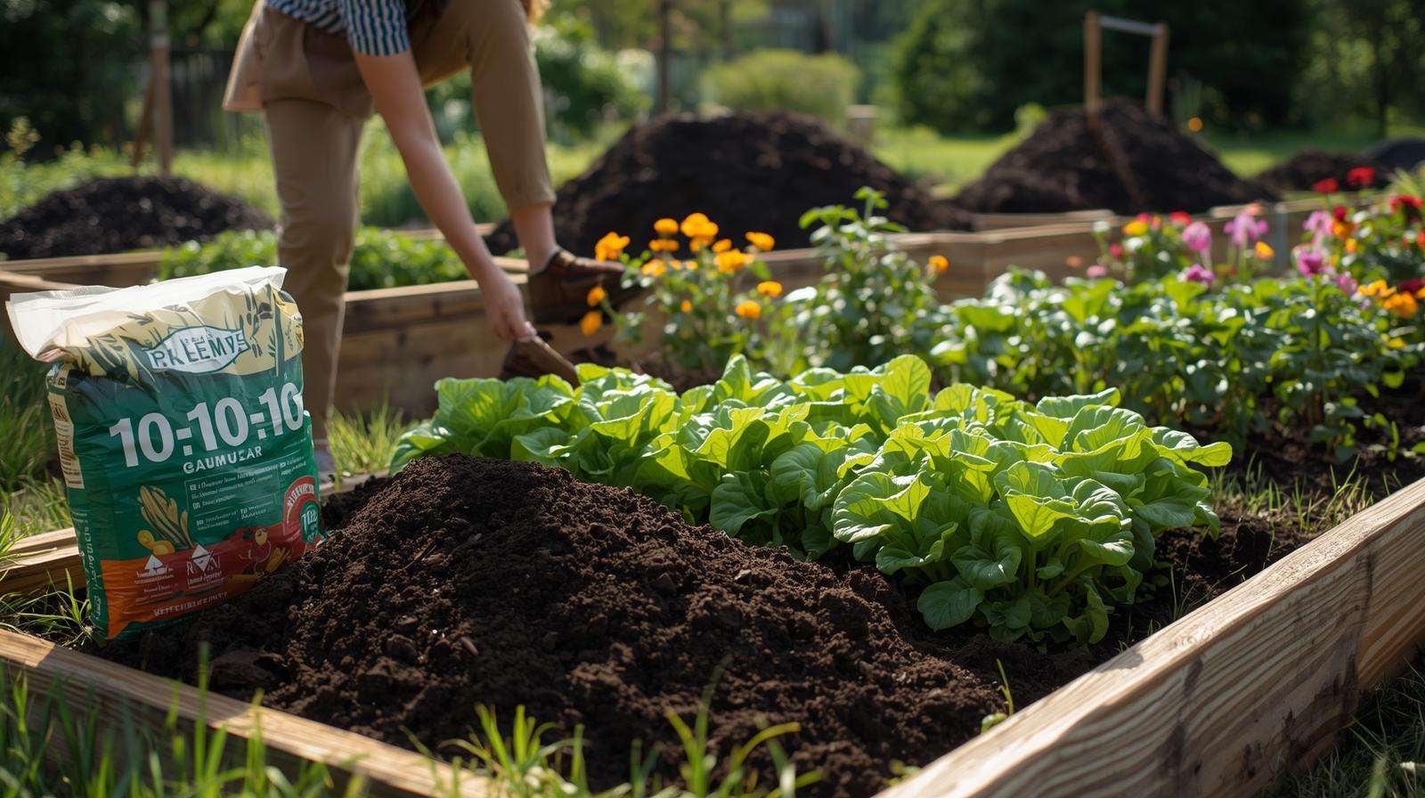 Gardener mixing compost with using 10-10-10 fertilizer to enhance soil health and plant growth.