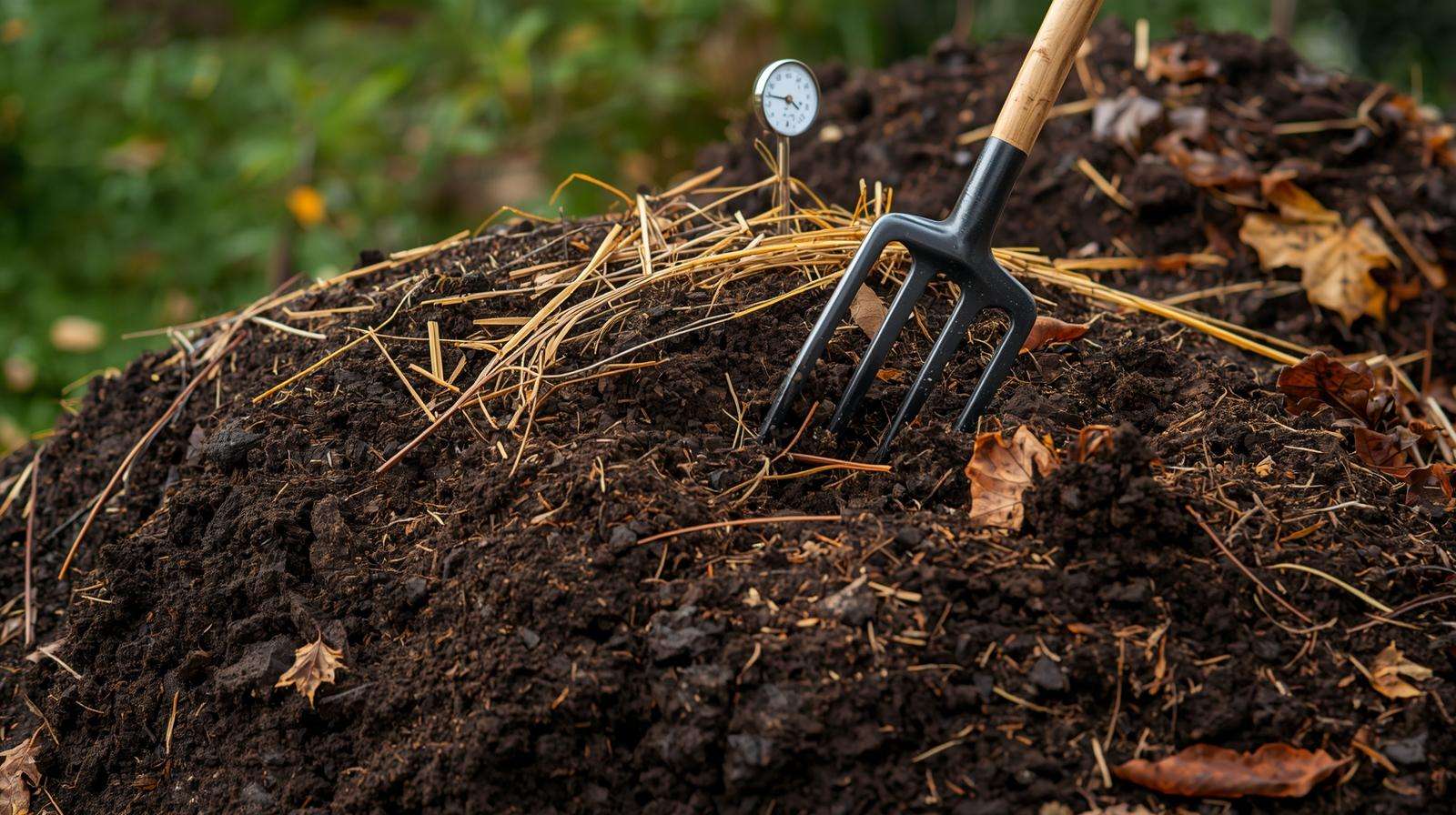 Pitchfork turning compost pile to prepare fork manure for safe garden use.