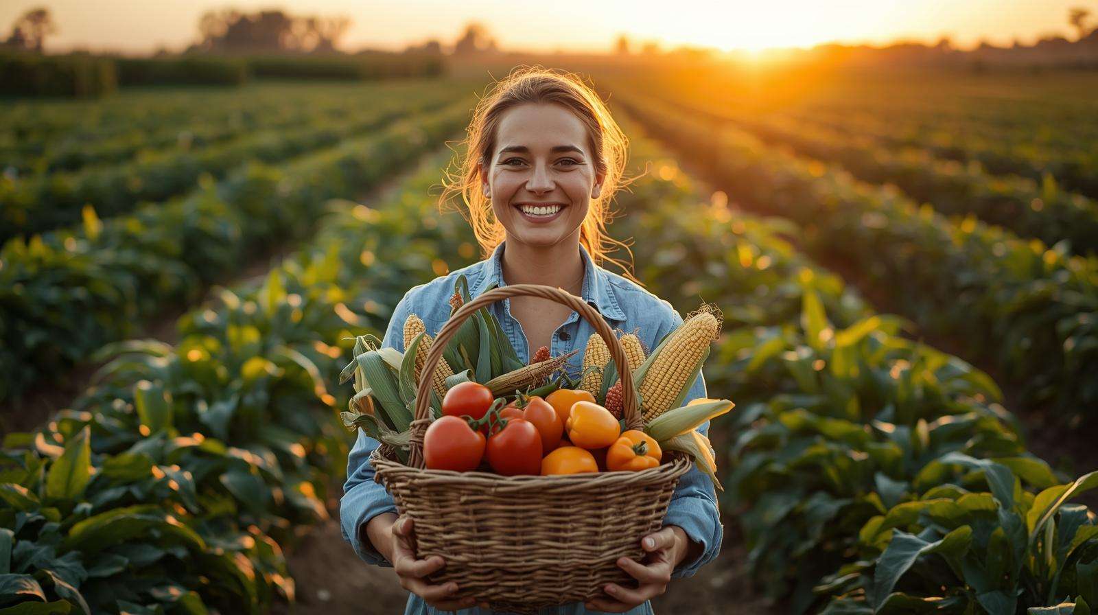 Farmer holding a basket of ripe tomatoes and peppers, showcasing successful harvest with 15 15 15 fertilizer.