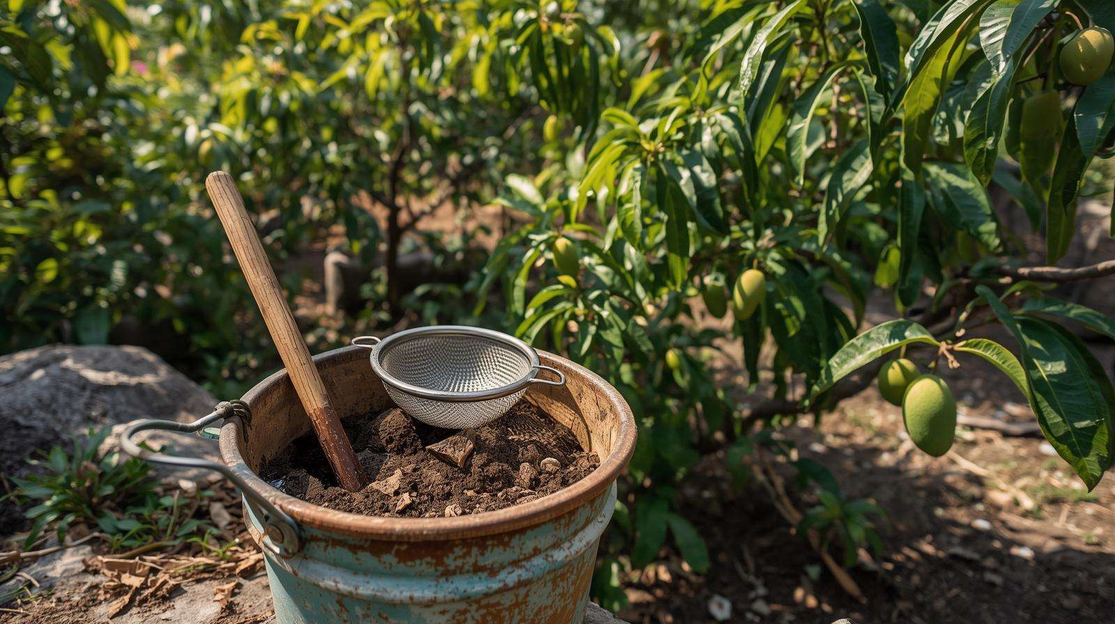 Preparing compost tea for mango fertilization to boost soil health and fruit production.