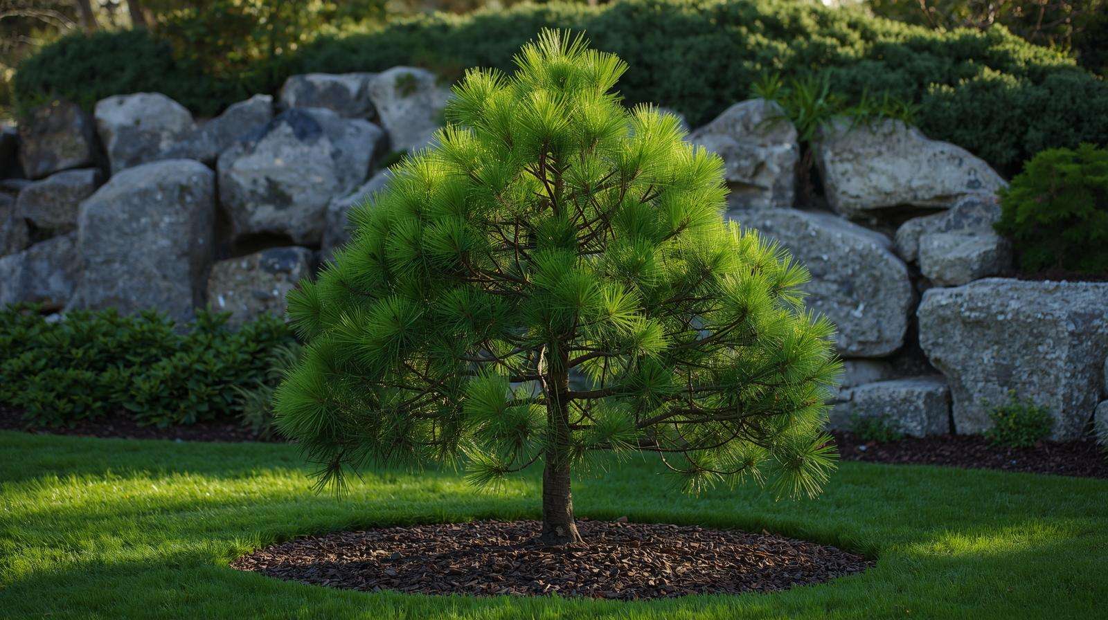Vibrant pine tree with lush green needles in a mulched garden bed, showcasing healthy growth from pine tree fertilizer.