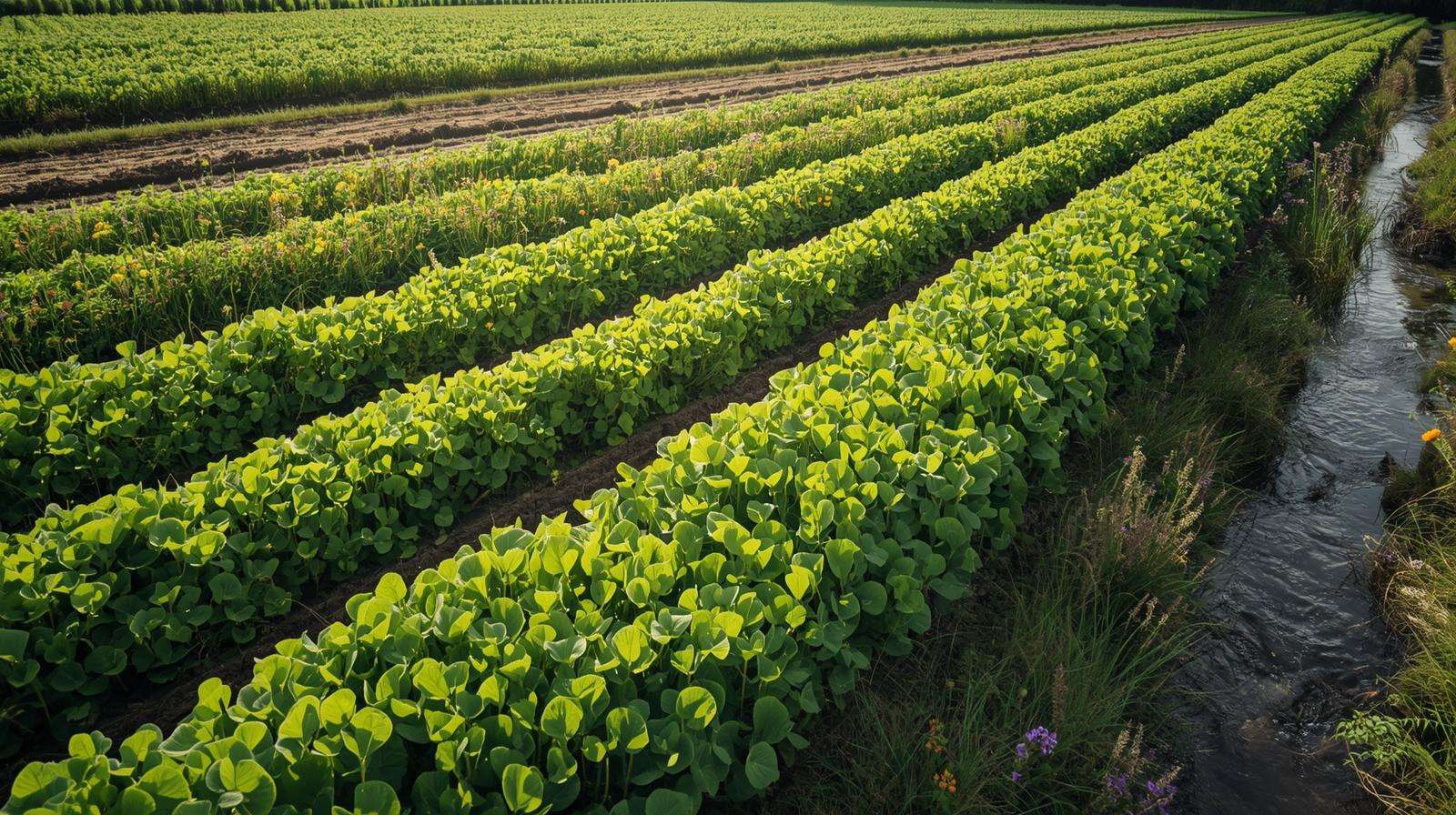 Sustainable farm with cover crops and buffer zone near a stream, using 15 15 15 fertilizer responsibly.