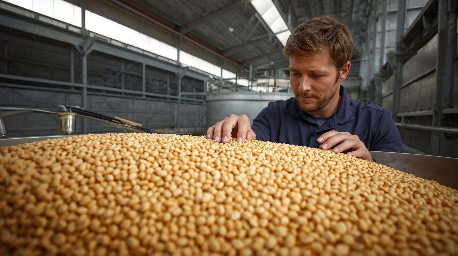 Farmer inspecting organic soybeans in a clean storage bin, ensuring quality and organic compliance.