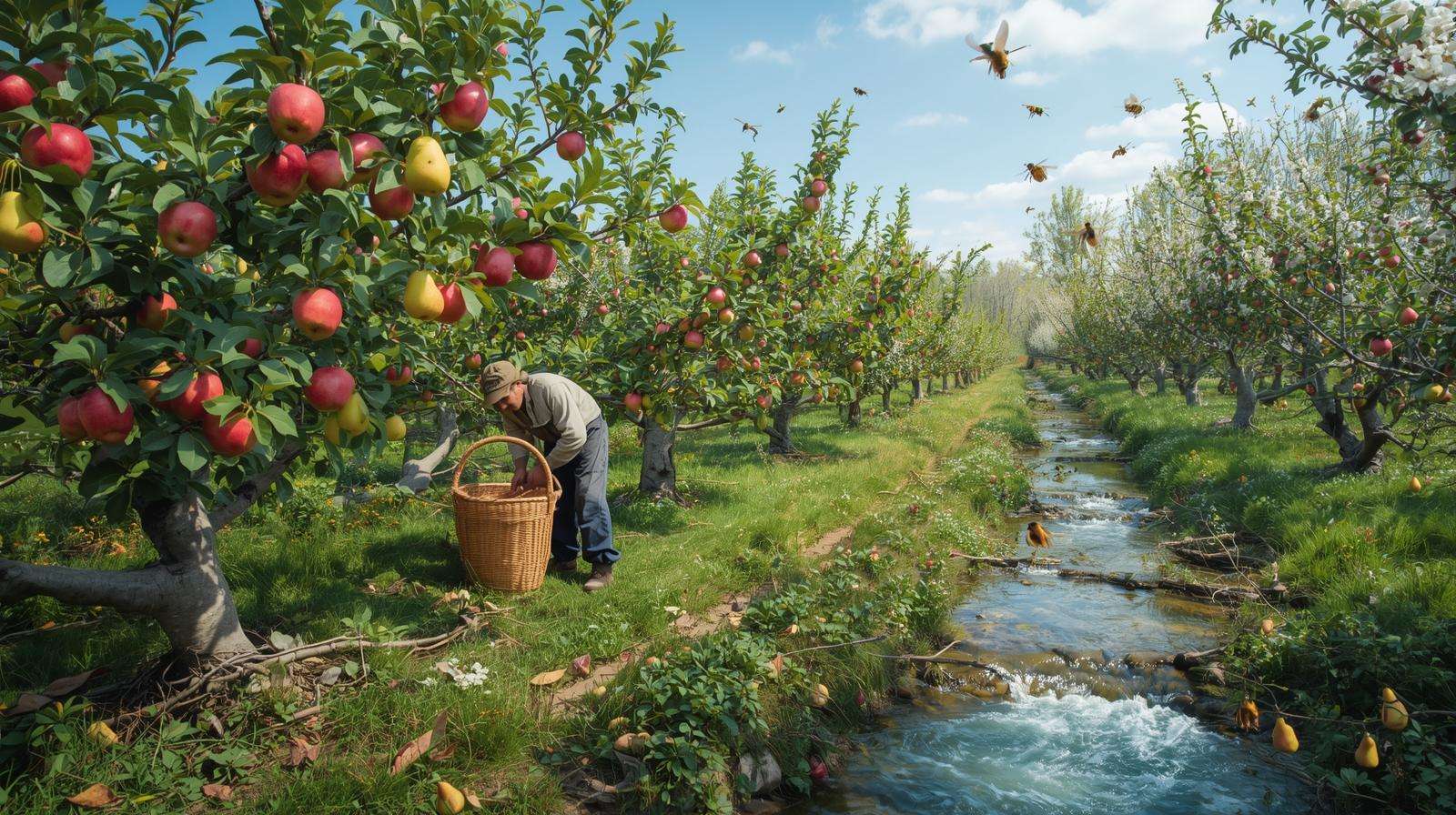 Mature orchard with bare root fruit trees bearing fruit, highlighting sustainability and harvest benefits.