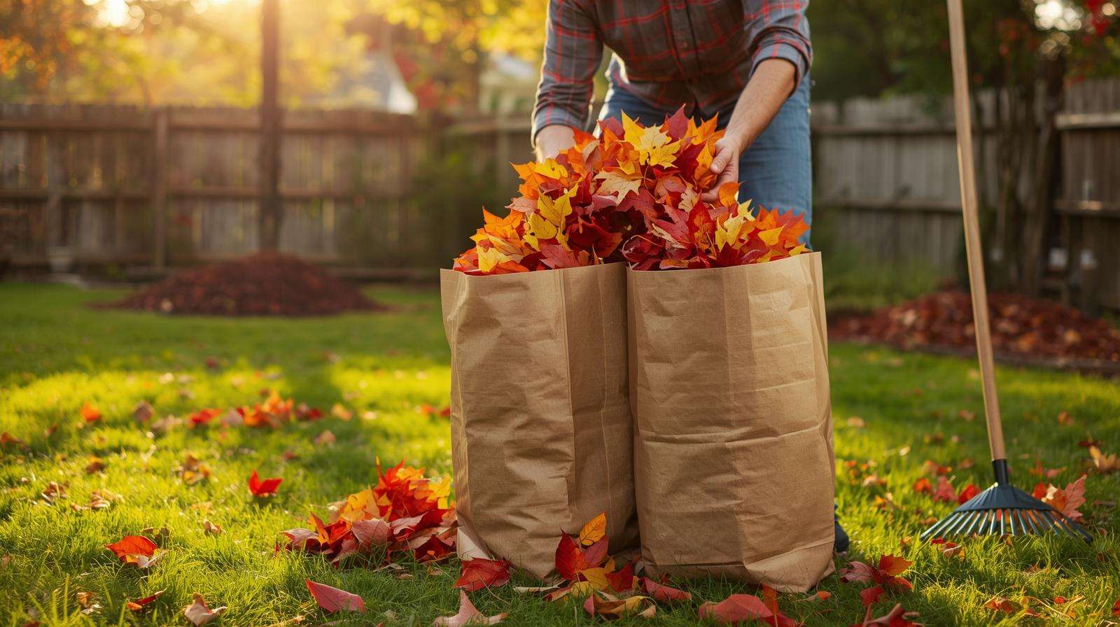 Gardener filling biodegradable paper lawn leaf bags with colorful fall leaves in a vibrant autumn backyard.