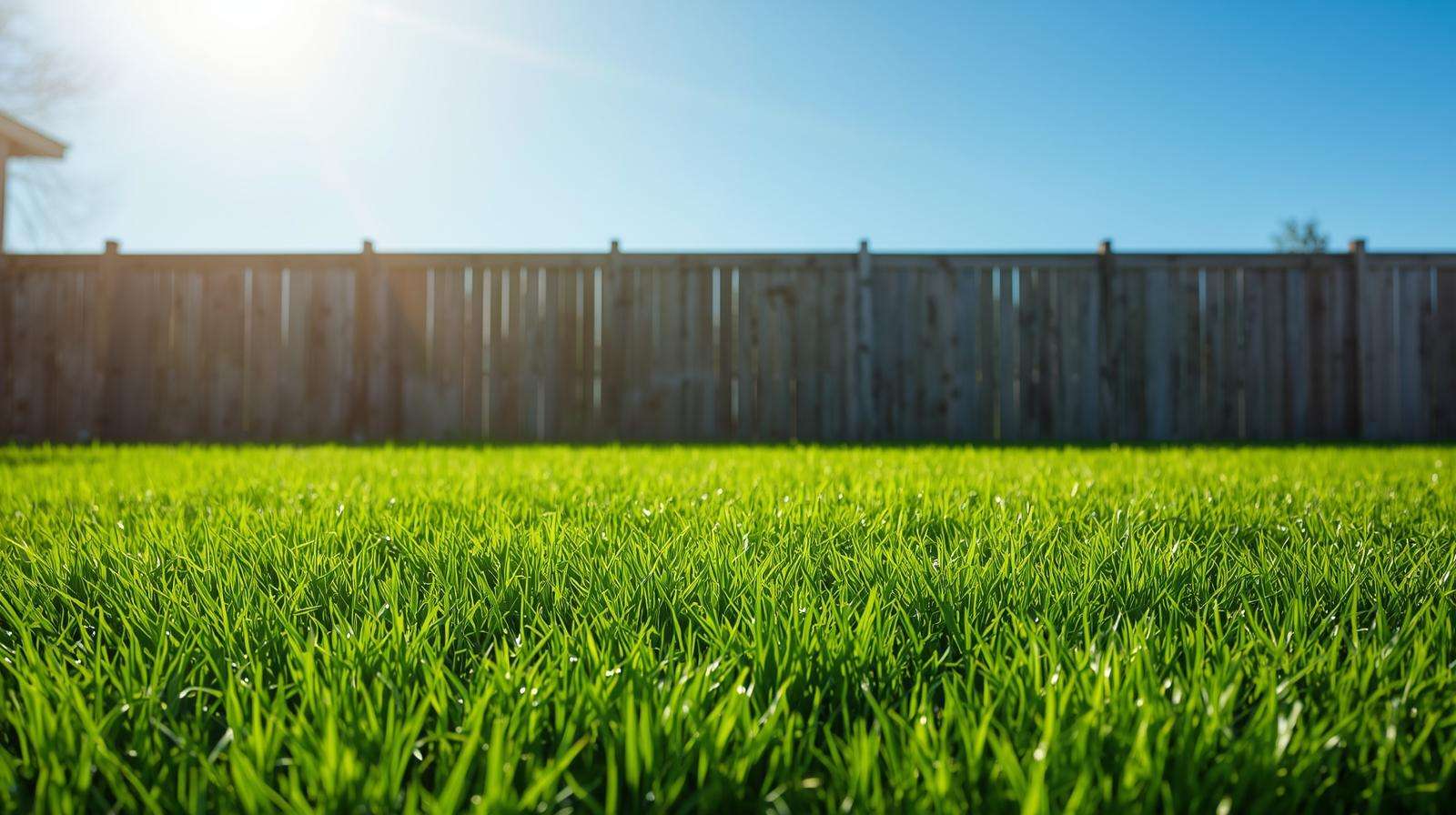 Lush emerald-green Kentucky bluegrass lawn in a sunny suburban backyard, showcasing vibrant cool-season grass.