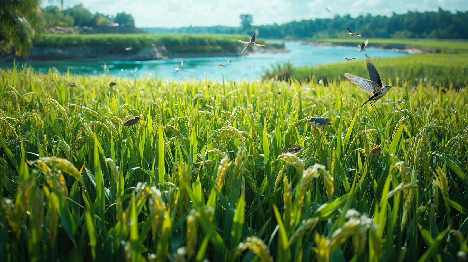 Organic basmati rice field with wildlife and a river, showcasing environmental benefits of sustainable farming.