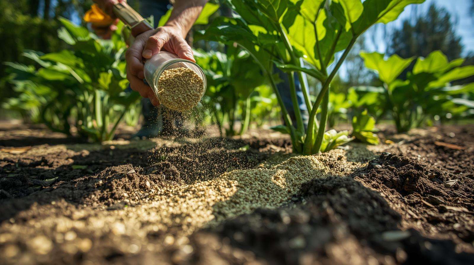 Side-dressing 12-12-12 fertilizer around cucumber plants for balanced nutrient delivery.