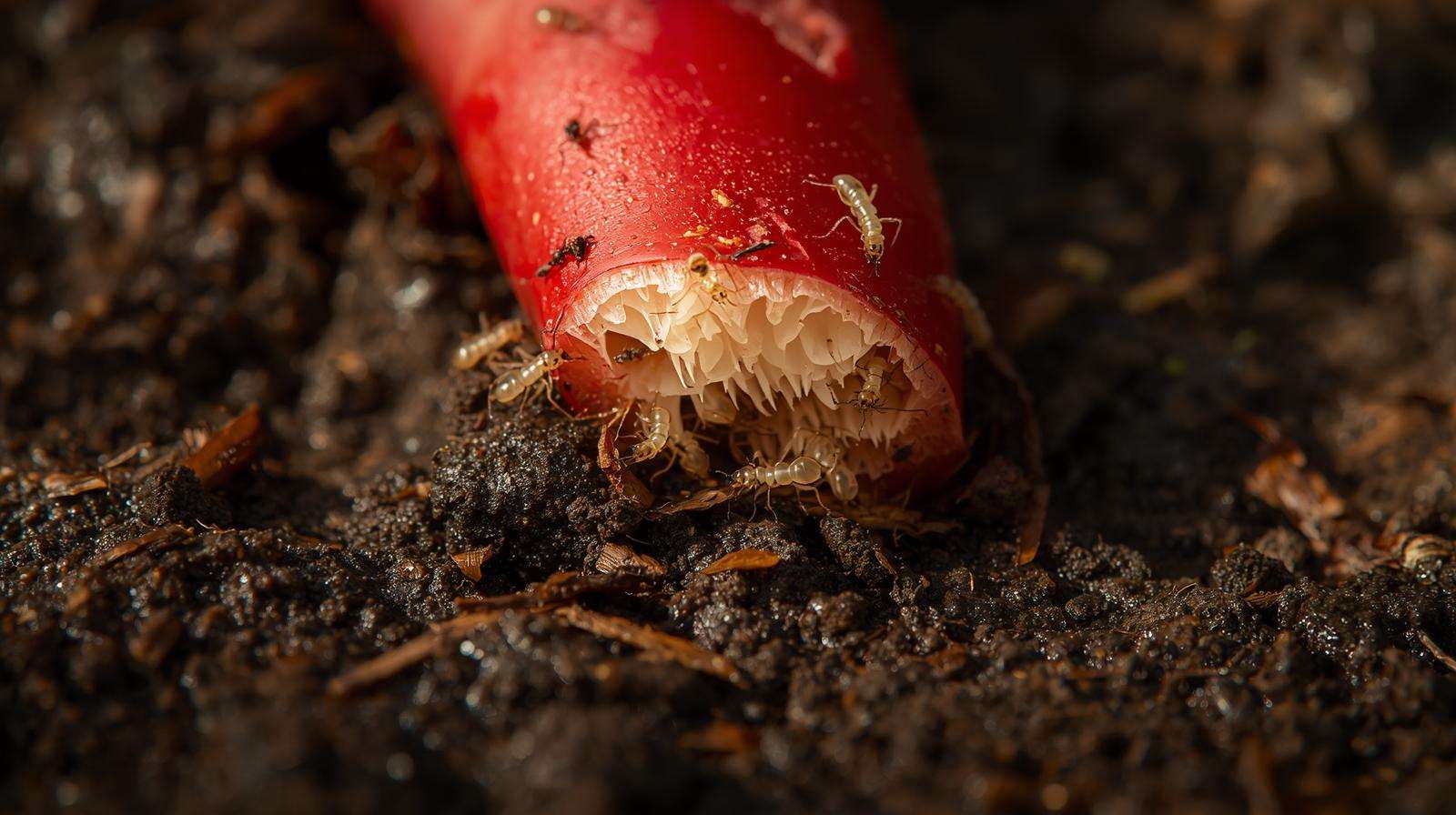 Close-up of baby termites (nymphs) damaging tomato root in garden soil