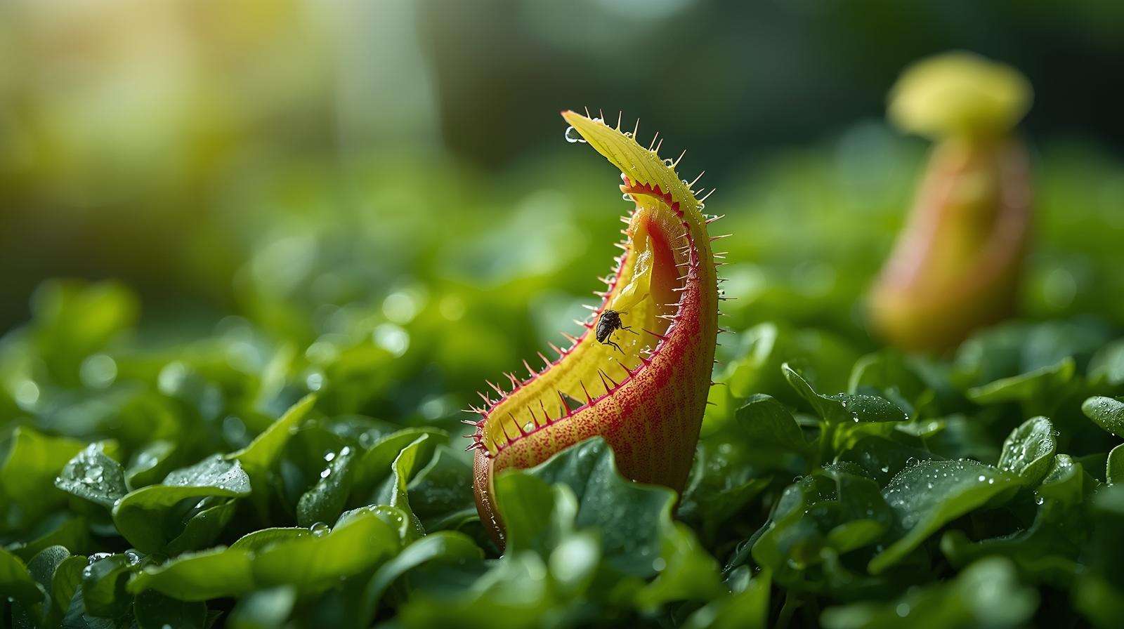 Close-up of a giant Venus fly trap with an insect trapped in its vibrant green and red trap in a lush garden.