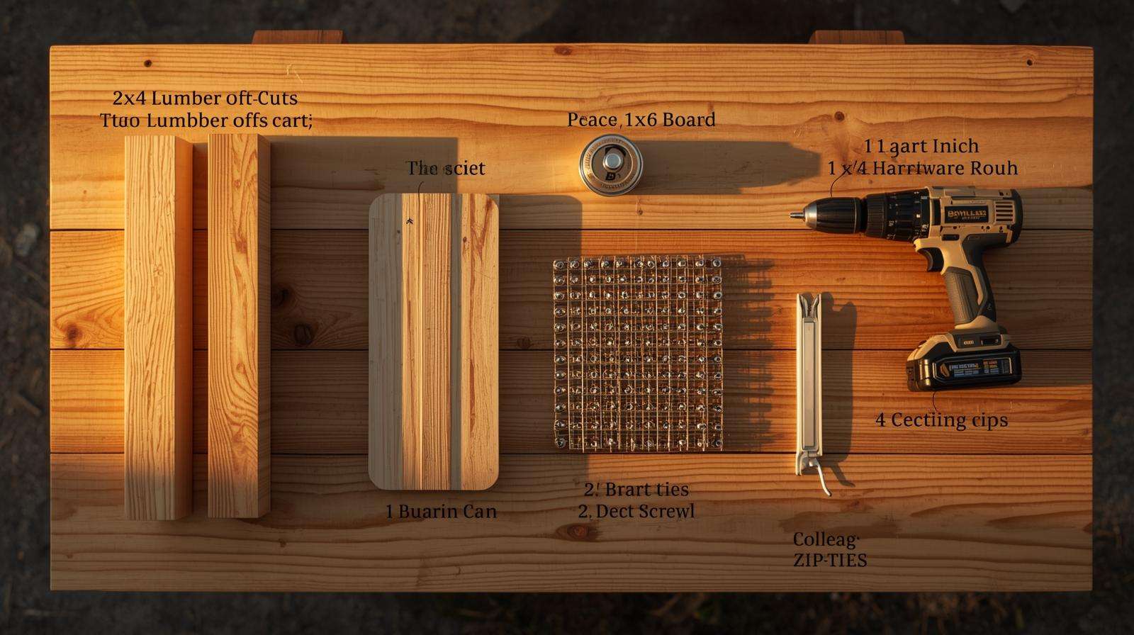 scrap wood and tools laid out for 20-minute humane groundhog trap build