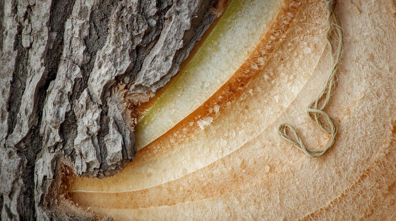 Cross-section showing healthy bark on maple trees with outer bark, phloem, cambium, and sapwood layers.