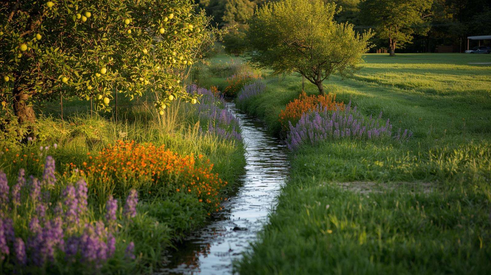 Permaculture swale system capturing rainwater with native plants and fruit trees.