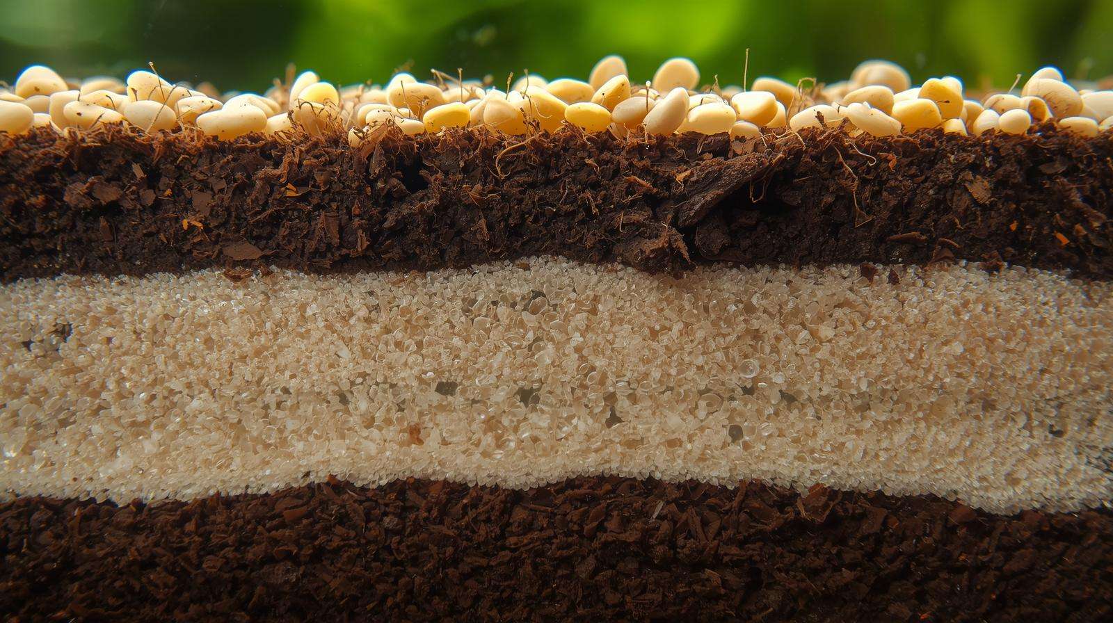 Layered soil and gravel substrate for ecology fish tank using permaculture principles