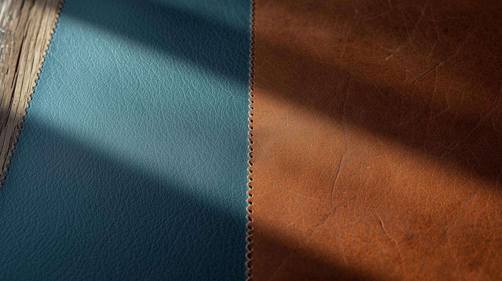 Comparison of conventional chrome-tanned leather vs ecological vegetable-tanned leather on wood table