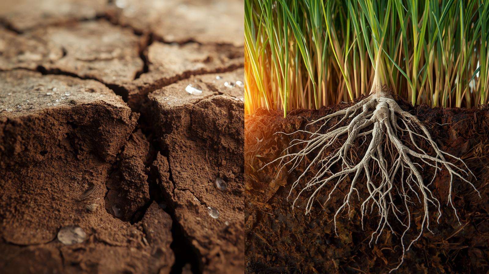 Deep root comparison showing why drought tolerant grass survives 68 days with zero water.