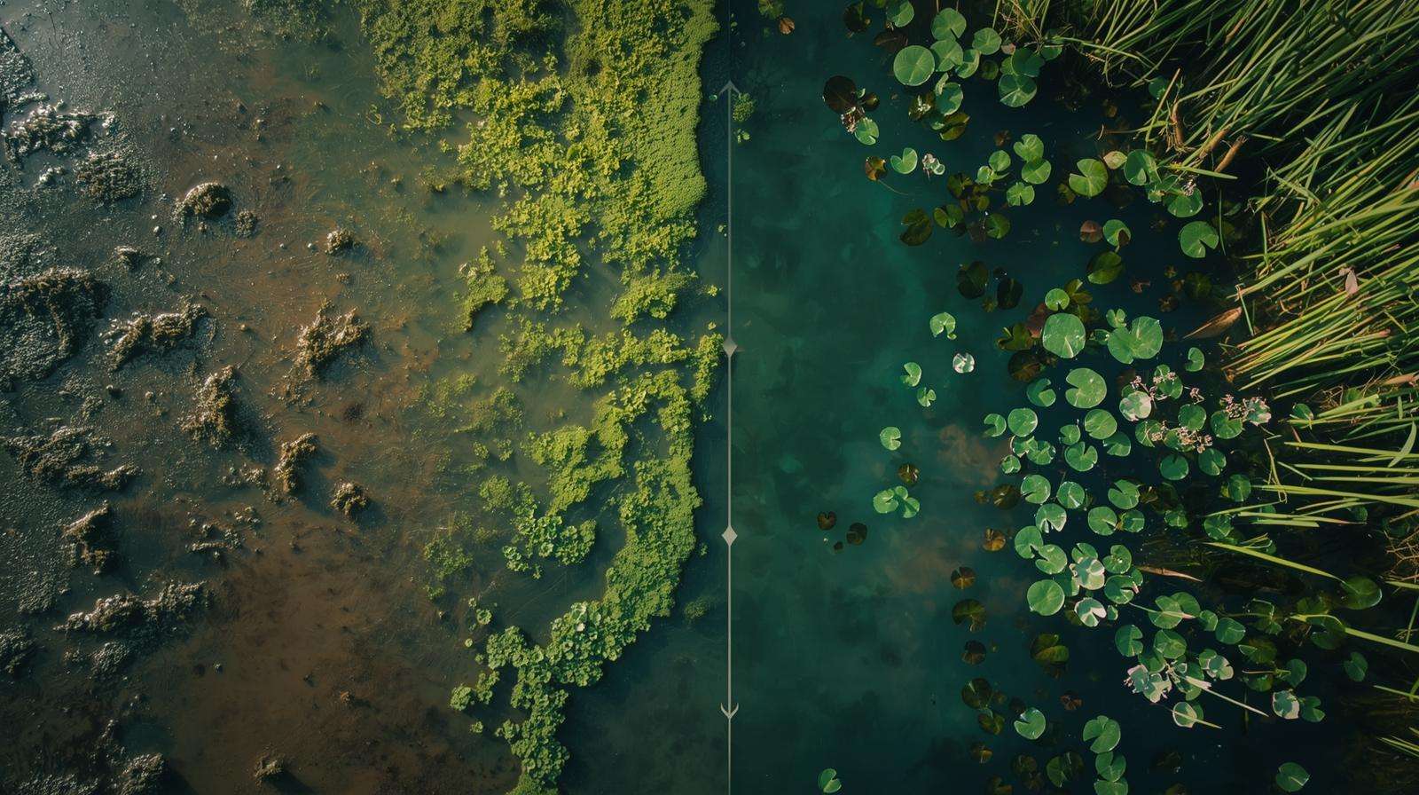 Split-view pond showing pioneer algal stage vs submergent ecological succession stage Image 2