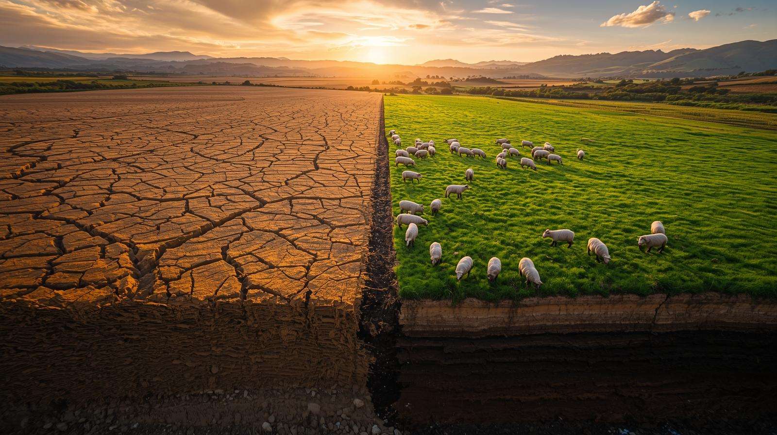 Before-and-after satellite view showing degraded soil transformed into carbon-rich pasture through ecological wool permaculture grazing.