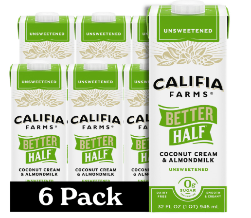 Califia Farms - Unsweetened Better Half, Half and Half Substitute, 32 Oz (Pack of 6), Almond Milk, Coconut Cream, Coffee Creamer, Keto, Shelf Stable, Dairy Free, Plant Based, Vegan