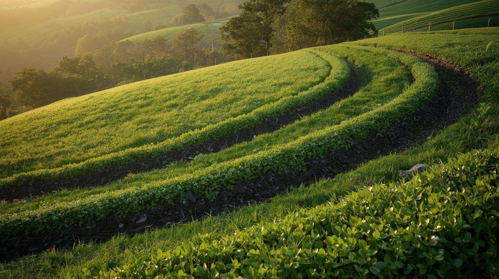 Berms and swales on contour in permaculture landscape showing water harvesting trenches and raised planting mounds Image 2