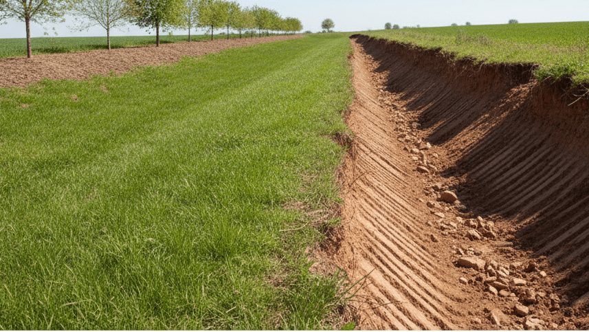 swale vs ditch comparison showing lush water-harvesting swale on left and eroded drainage ditch on right