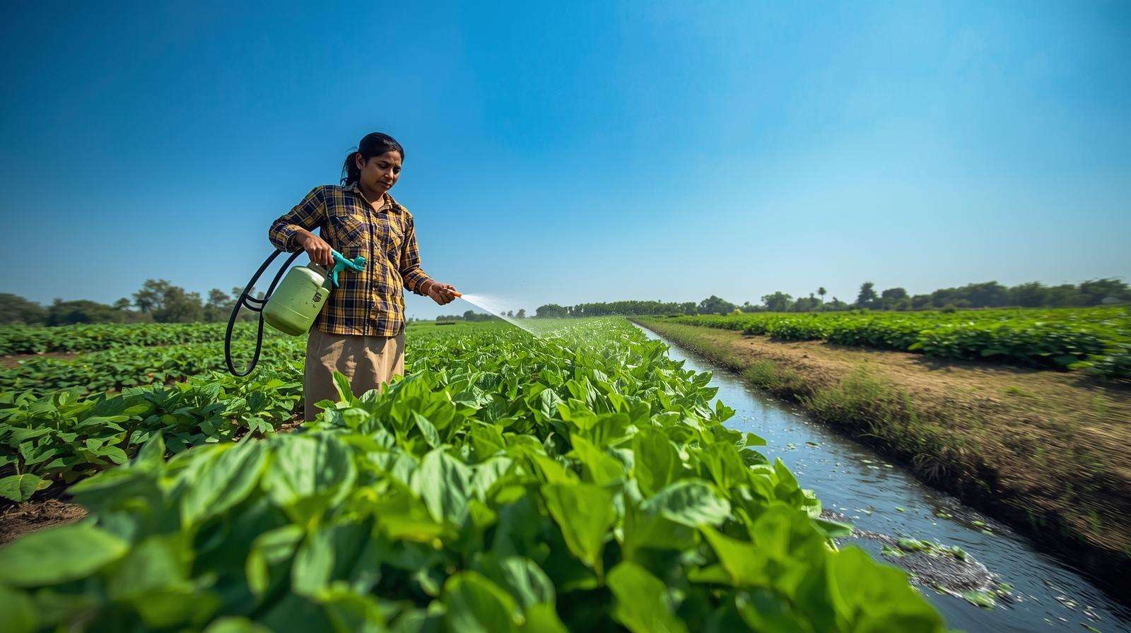 Farmer spraying neem oil on crops to control black flies naturally in healthy farmland