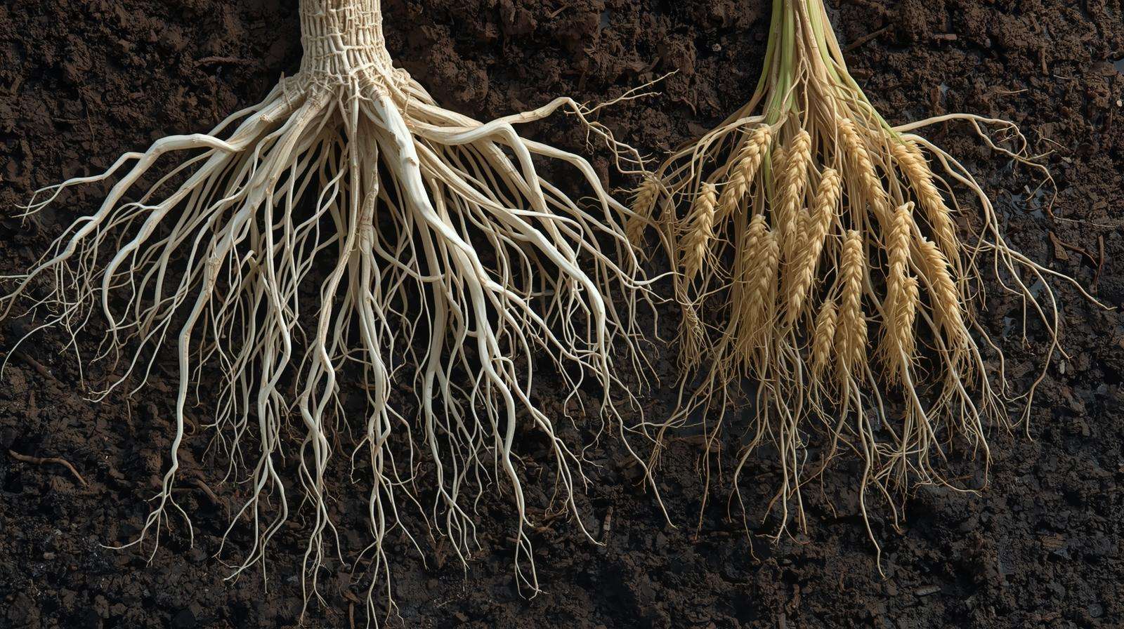 Spanish barley deep fibrous roots vs shallow wheat roots with mycorrhizal fungi, soil profile comparison