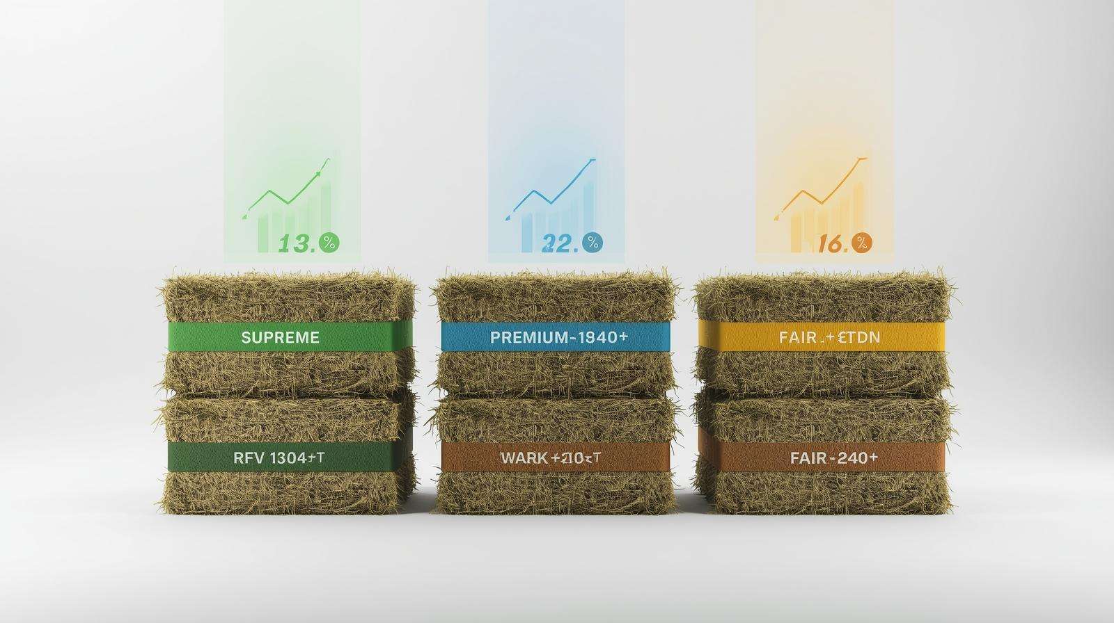 Alfalfa hay bales sorted by quality tiers with RFV and nutrient indicators for premium pricing in crop rotation marketing