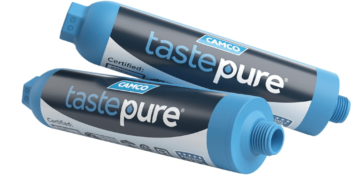 Camco Tastepure RV Water Filter - Advanced 6-Step Patent-Protected Filtration - Camping Essentials for Fresh Drinking Water - 2-Pack of RV Inline Water Filters, Made in USA (40045)