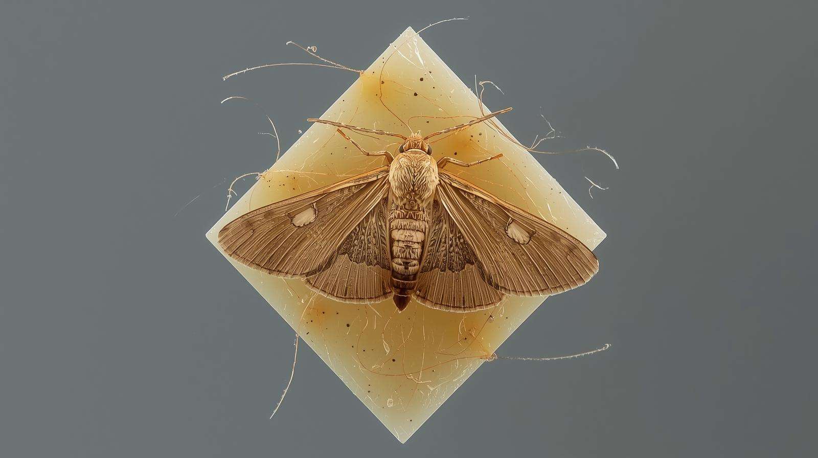 Close-up of pantry moth trapped on glue board showing webbing and frass for identification