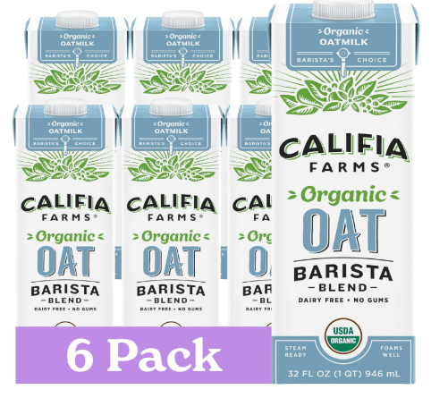 Califia Farms - Organic Oat Barista Blend, 32 oz (Pack of 6), Shelf Stable, Dairy Free, Plant Based, Vegan, Non GMO, Organic Milk, Creamer, Milk Frother, Oatmilk